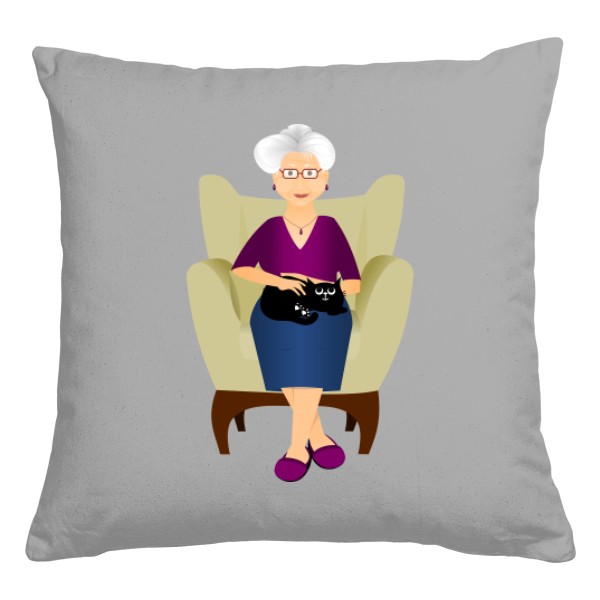 Polštář bavlněný  s potiskem Babička s kočkou